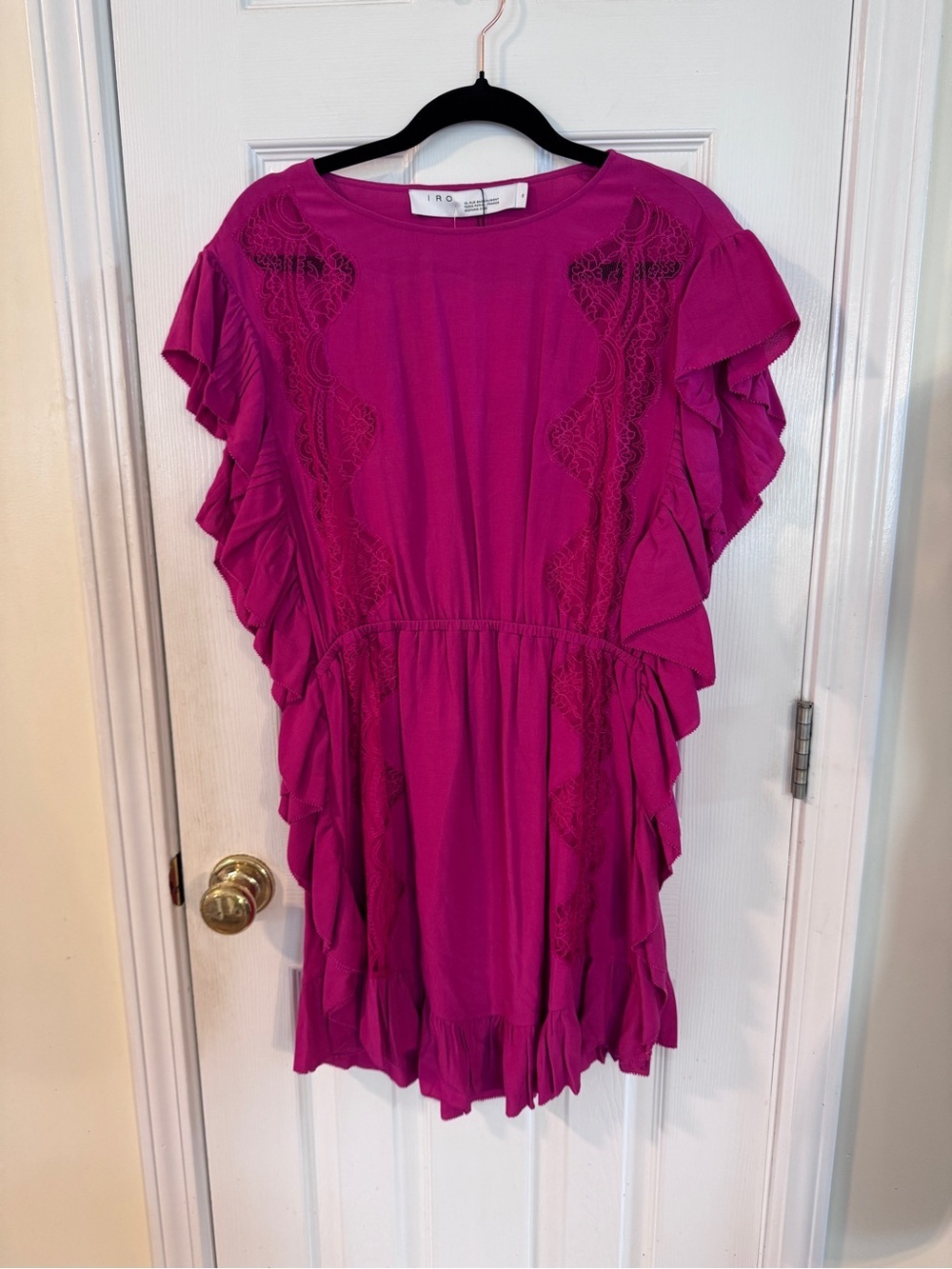 IRO Zestful Fuchsia Lace Ruffle Mini Dress Silk Feel Size 36 Small NWT - Picture 5 of 13